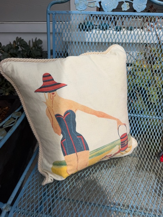 Other - Vintage Style Beach Lady Decorative Throw Pillow - Cream Canvas